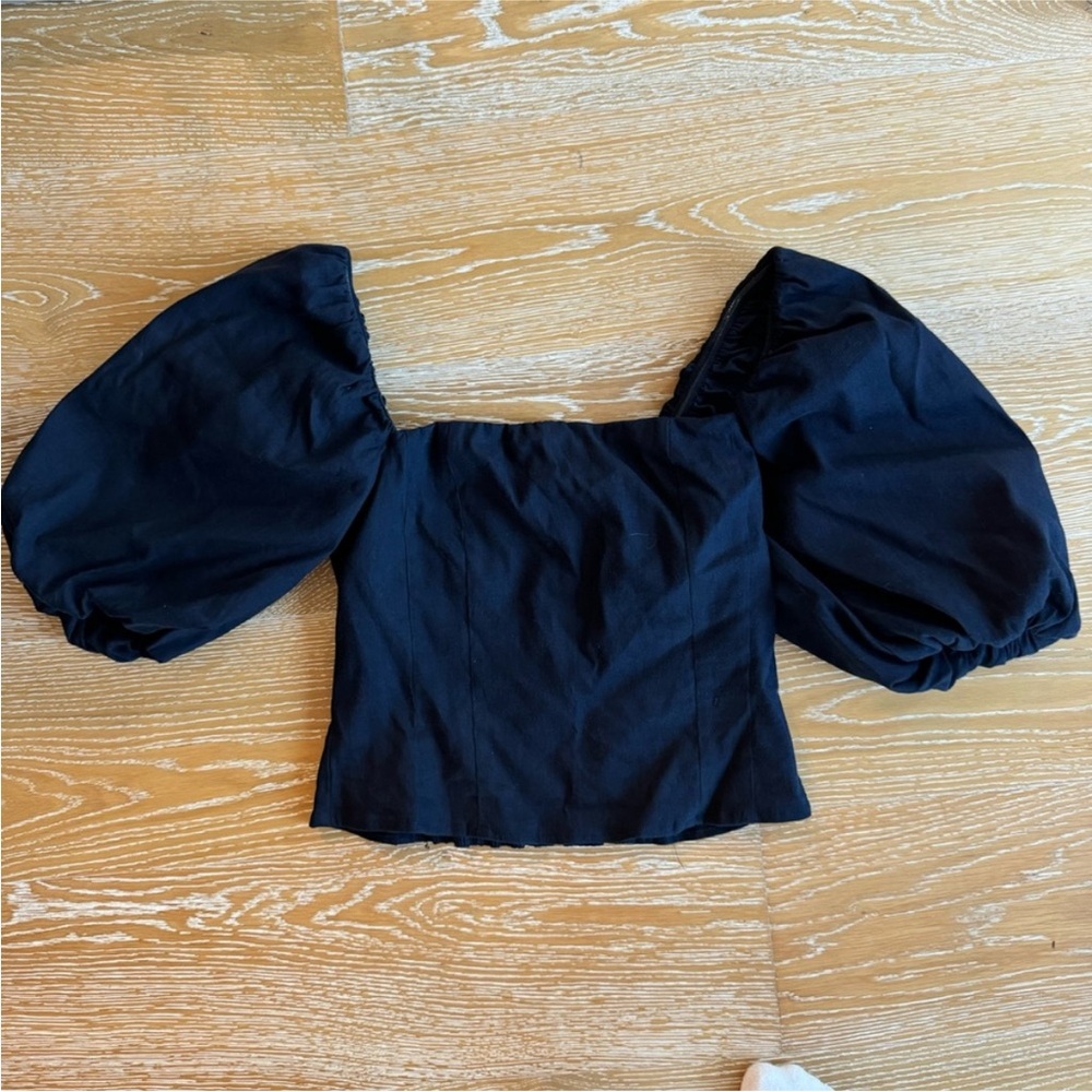 Antonio Melani Linen Blend Dark Navy Blue Puff Sleeved Blouse
